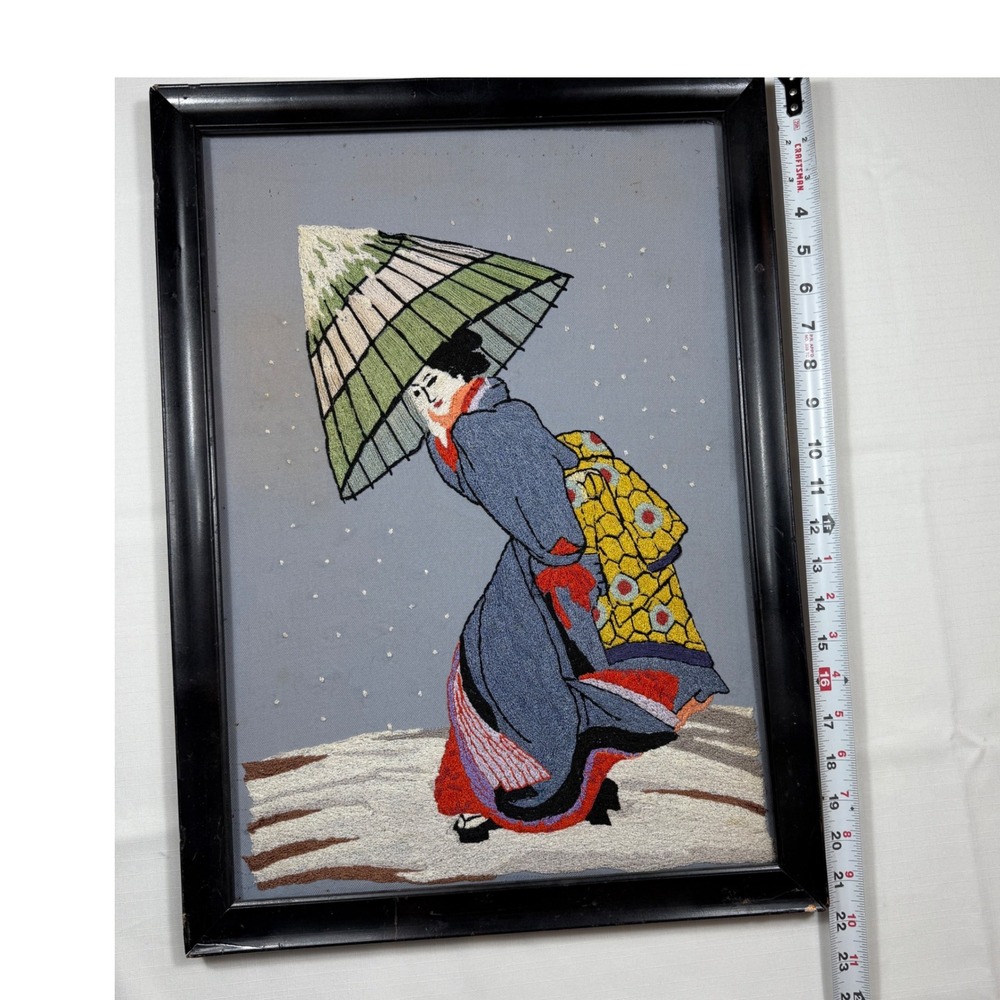 Vintage Asian Japanese Hand Geisha Wall Art Crewel Kimono & Wagasa *see pics**
